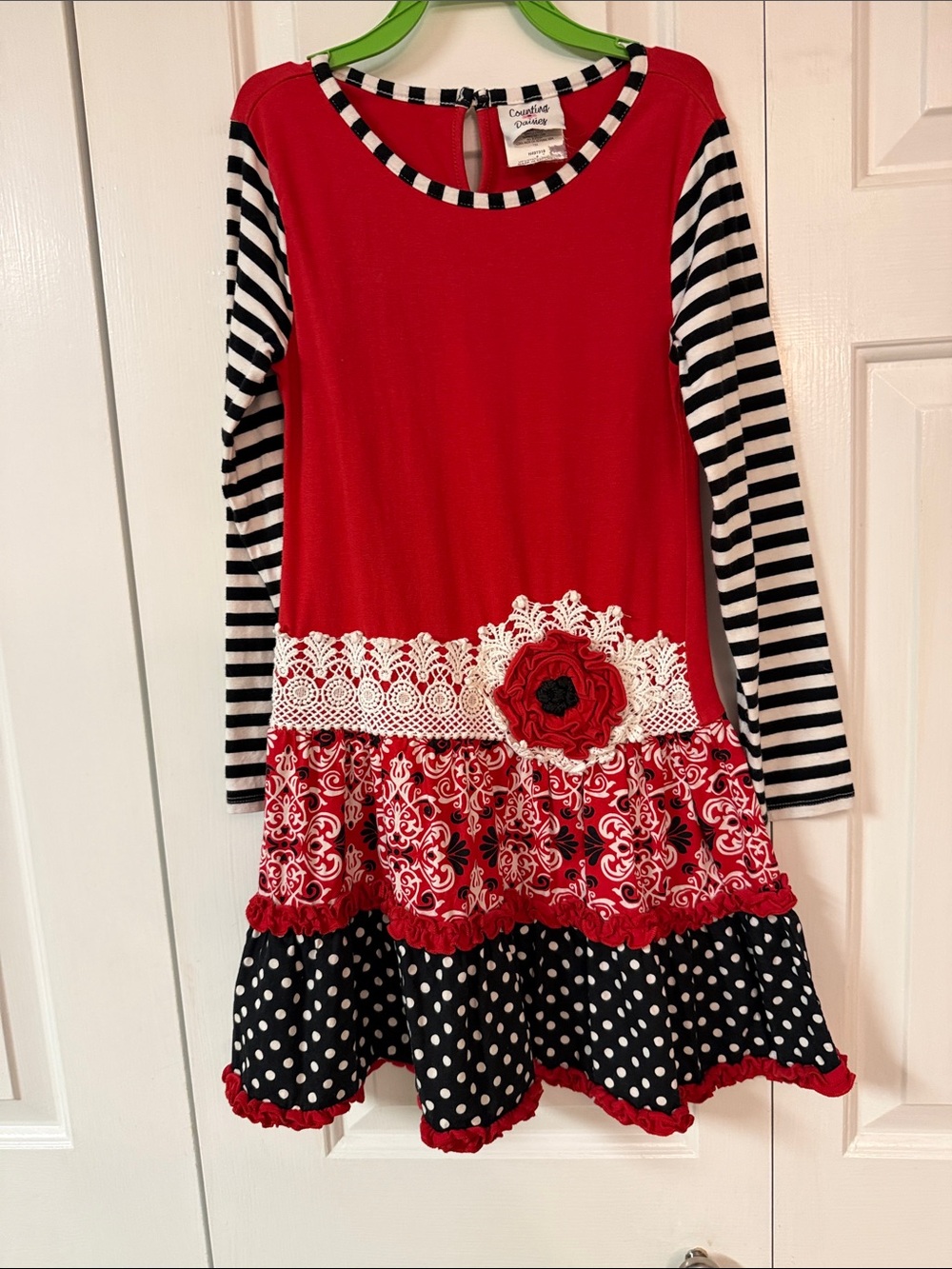 Counting Daisies Red Floral-Accent Girls' Casual Dress with Striped Sleeves